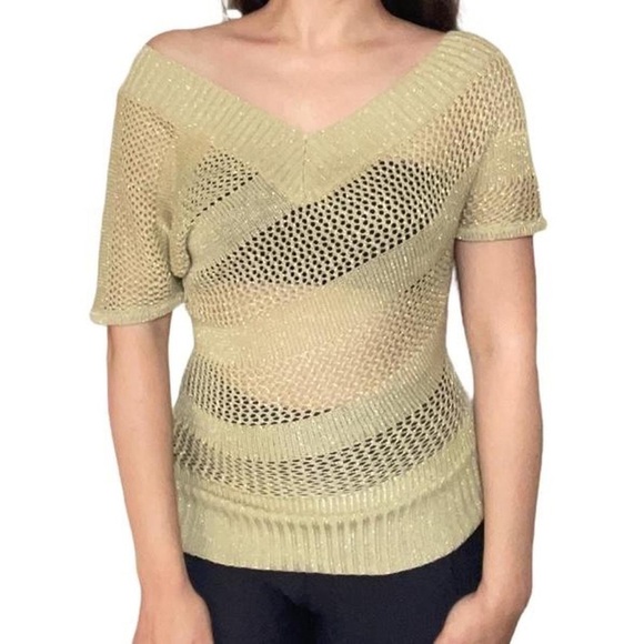 Vintage Y2K gold metallic‎  knit crochet open shoulder top - Picture 1 of 4